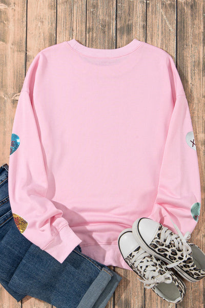 Women's Pink Sequin Heart Sweatshirt with Crew Neckline