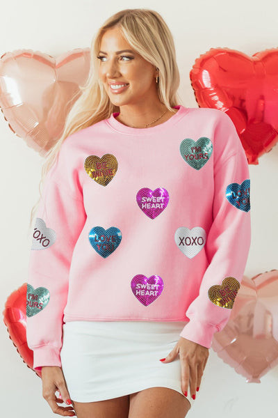 Women's Pink Sequin Heart Sweatshirt with Crew Neckline