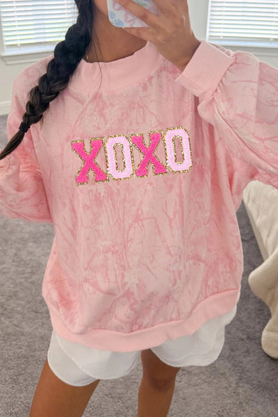 Women's Pink Tie Dye Chenille XOXO Mock Neck Sweatshirt