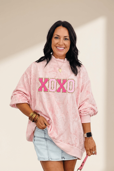 Women's Pink Tie Dye Chenille XOXO Mock Neck Sweatshirt