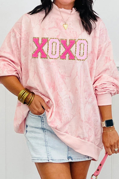 Women's Pink Tie Dye Chenille XOXO Mock Neck Sweatshirt