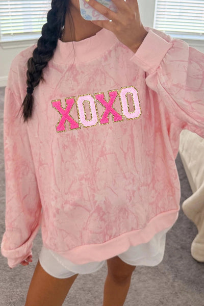 Women's Pink Tie Dye Chenille XOXO Mock Neck Sweatshirt