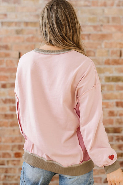 Women's Pink Waffle Color Block Lover Sweatshirt