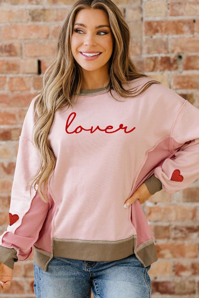 Women's Pink Waffle Color Block Lover Sweatshirt