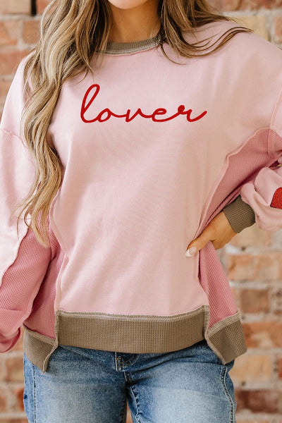 Women's Pink Waffle Color Block Lover Sweatshirt