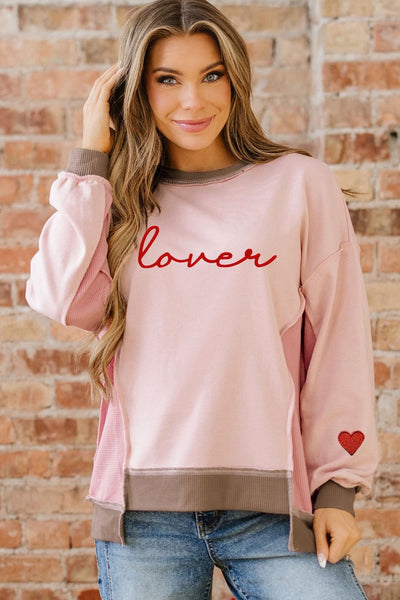 Women's Pink Waffle Color Block Lover Sweatshirt