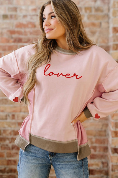 Women's Pink Waffle Color Block Lover Sweatshirt