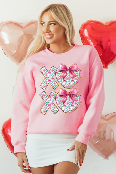 Women's Pink XOXO Floral Heart Crewneck Sweatshirt