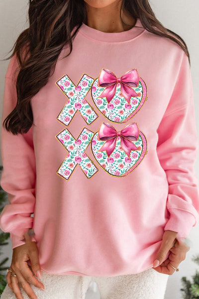 Women's Pink XOXO Floral Heart Crewneck Sweatshirt