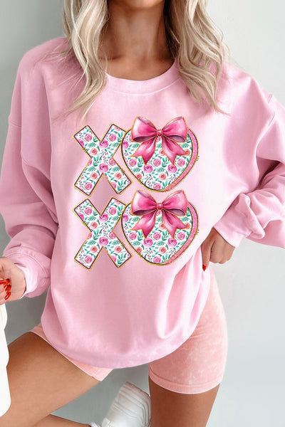 Women's Pink XOXO Floral Heart Crewneck Sweatshirt