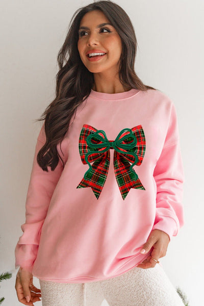 Women's Plaid Bow Graphic Pink Sweatshirt | Cotton-Blend Holiday Top