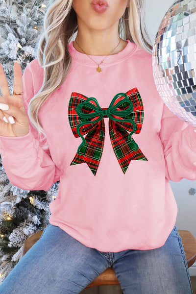 Women's Plaid Bow Graphic Pink Sweatshirt | Cotton-Blend Holiday Top