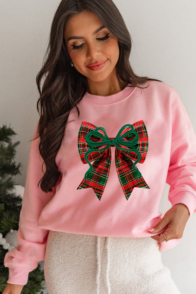 Women's Plaid Bow Graphic Pink Sweatshirt | Cotton-Blend Holiday Top