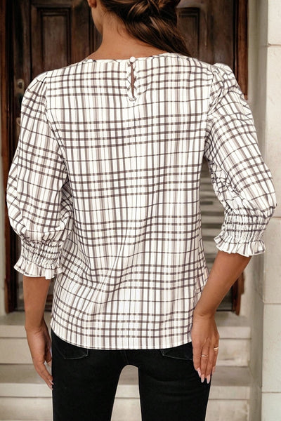 Women's Plaid Puff Sleeve Blouse with Smocked Frill Cuffs