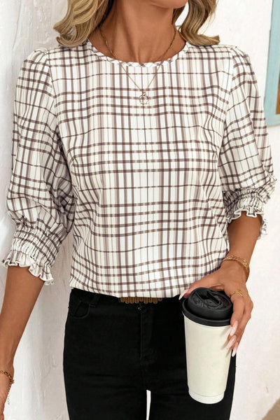 Women's Plaid Puff Sleeve Blouse with Smocked Frill Cuffs