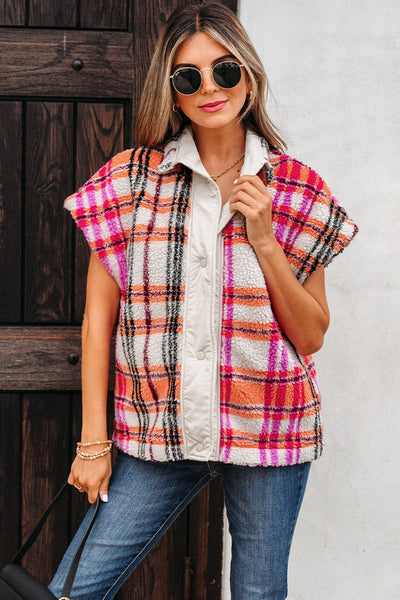Women's Plaid Sherpa Short Sleeve Vest in Pink and Orange