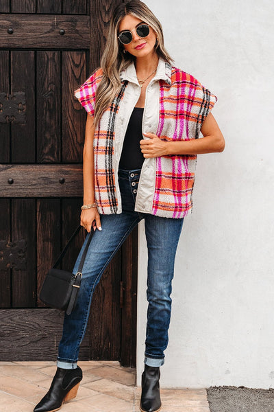 Women's Plaid Sherpa Short Sleeve Vest in Pink and Orange