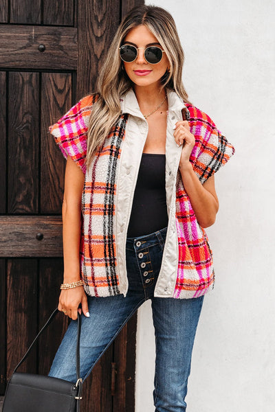 Women's Plaid Sherpa Short Sleeve Vest in Pink and Orange