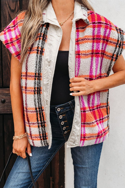 Women's Plaid Sherpa Short Sleeve Vest in Pink and Orange
