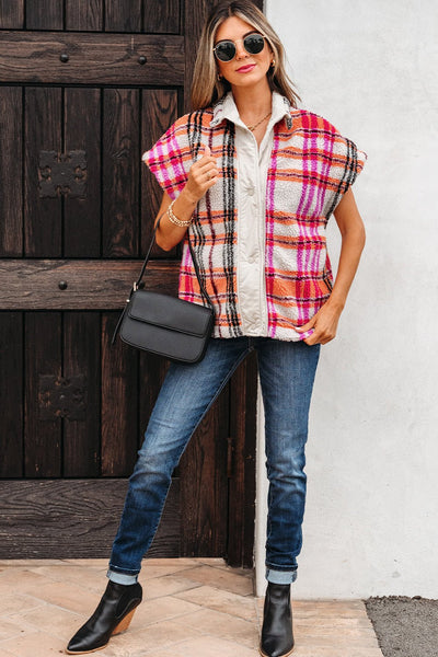 Women's Plaid Sherpa Short Sleeve Vest in Pink and Orange