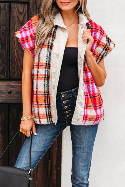 Women's Plaid Sherpa Short Sleeve Vest in Pink and Orange