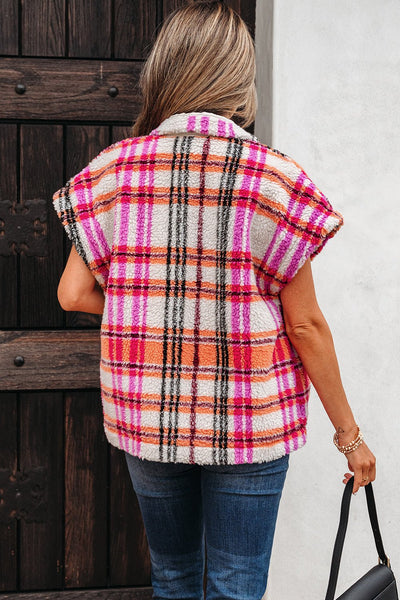Women's Plaid Sherpa Short Sleeve Vest in Pink and Orange