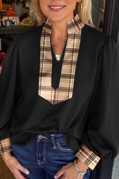 Women's Plaid Trim V-Neck Blouse with Lantern Sleeves