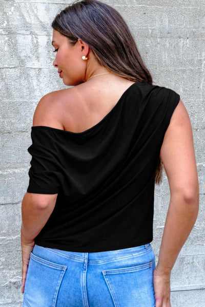 Women's Plus Size Black Asymmetric Drape Blouse with Ruched Detail