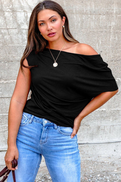Women's Plus Size Black Asymmetric Drape Blouse with Ruched Detail