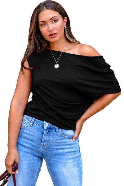 Women's Plus Size Black Asymmetric Drape Blouse with Ruched Detail