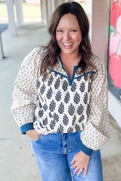 Women's Plus Size Cotton Boho Floral Blouse with Contrast Split Neck