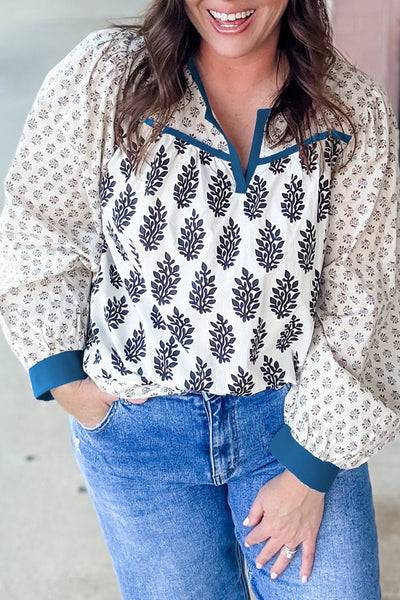 Women's Plus Size Cotton Boho Floral Blouse with Contrast Split Neck