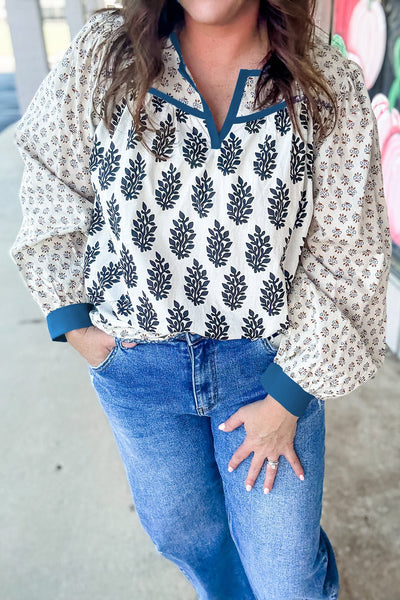 Women's Plus Size Cotton Boho Floral Blouse with Contrast Split Neck