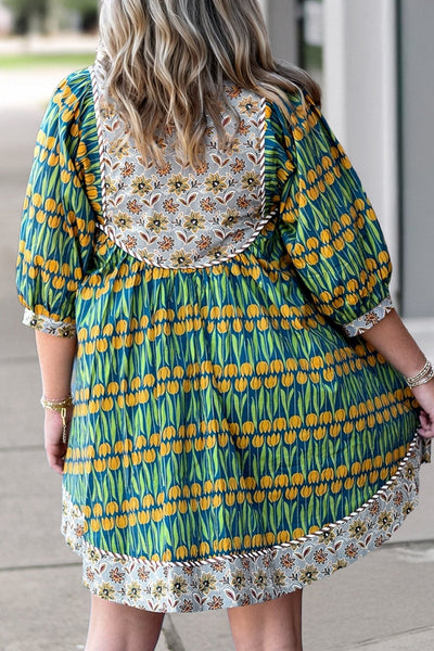 Women's Plus Size Cotton Tulip Mini Dress with Floral Bib Detail
