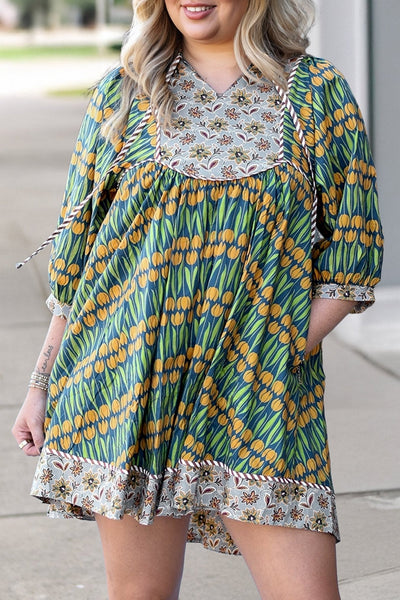 Women's Plus Size Cotton Tulip Mini Dress with Floral Bib Detail