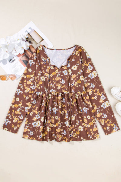 Women's Plus Size Floral Babydoll Blouse with V-Neck Tie