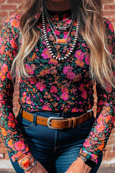 Women's Plus Size Floral Mesh Mock Neck Top in Magenta and Teal with practical styling and dependable silhouette control.