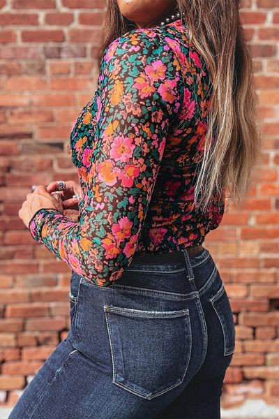 Women's Plus Size Floral Mesh Mock Neck Top in Magenta and Teal with practical styling and dependable silhouette control.