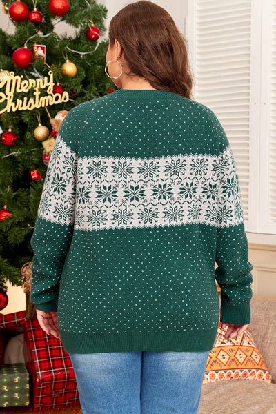 Women's Plus Size Forest Green Snowflake Knit Crewneck Sweater