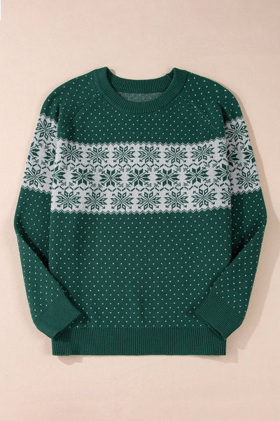 Women's Plus Size Forest Green Snowflake Knit Crewneck Sweater