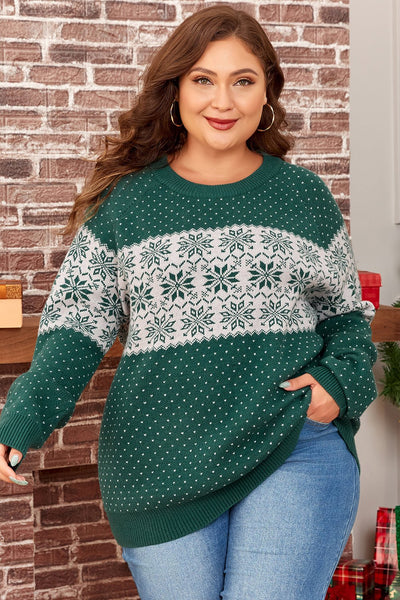 Women's Plus Size Forest Green Snowflake Knit Crewneck Sweater