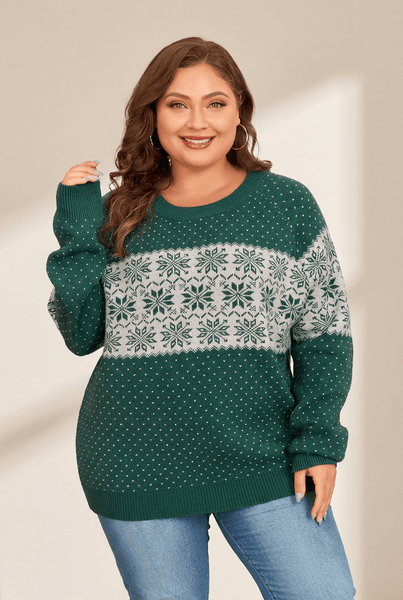 Women's Plus Size Forest Green Snowflake Knit Crewneck Sweater