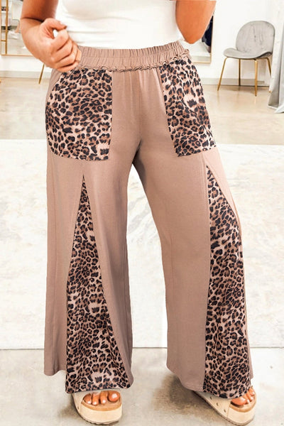 Women's Plus Size Leopard Patchwork Wide-Leg Pants in Straw Yellow