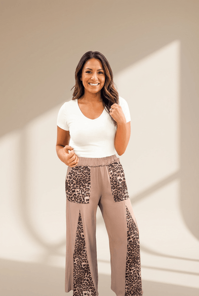 Women's Plus Size Leopard Patchwork Wide-Leg Pants in Straw Yellow