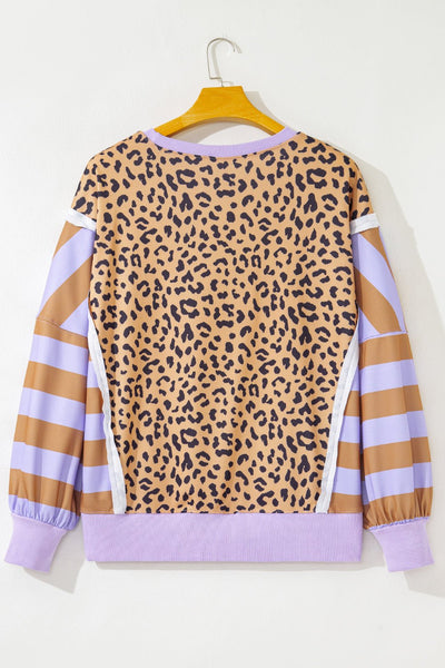 Women's Plus Size Leopard Print Colorblock Sweatshirt with Lilac Accents