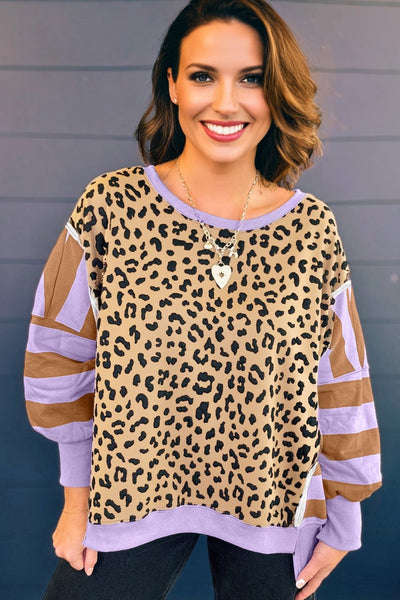 Women's Plus Size Leopard Print Colorblock Sweatshirt with Lilac Accents
