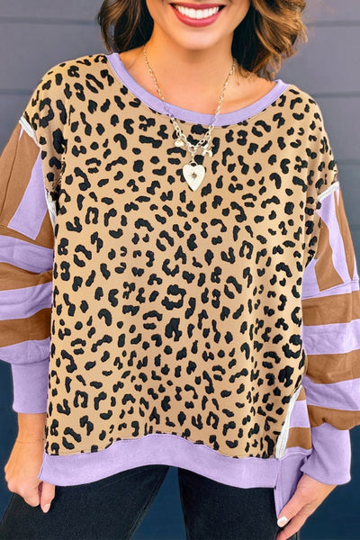Women's Plus Size Leopard Print Colorblock Sweatshirt with Lilac Accents