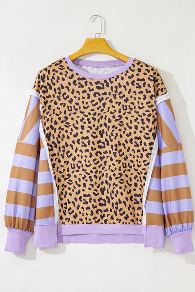Women's Plus Size Leopard Print Colorblock Sweatshirt with Lilac Accents