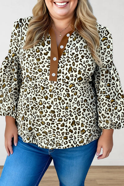 Women's Plus Size Leopard Print Puff Sleeve Blouse with Trim