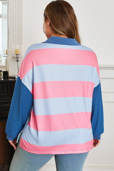 Women's Plus Size Pastel Striped Quarter-Zip Colorblock Pullover